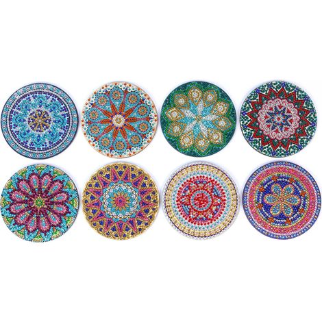 Juego de 8 posavasos con motivos navideños para pintar con diamantes, fabricados en cerámica, antideslizantes y aislantes, con soporte. (1/5)