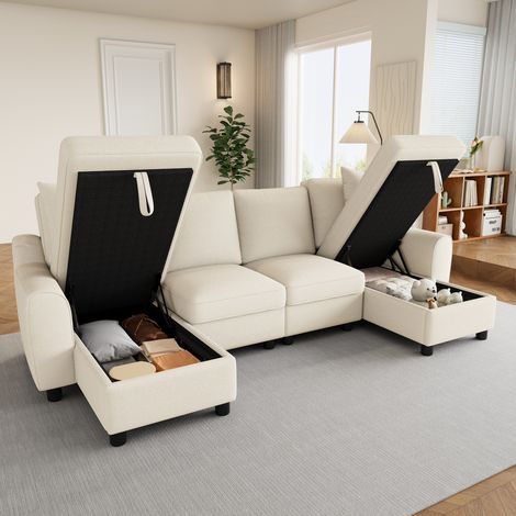 Canapé d'angle en U avec deux méridiennes comme,espace de rangement rabattable,canapé 4 places en chenille,canapé modulable multifonction,beige