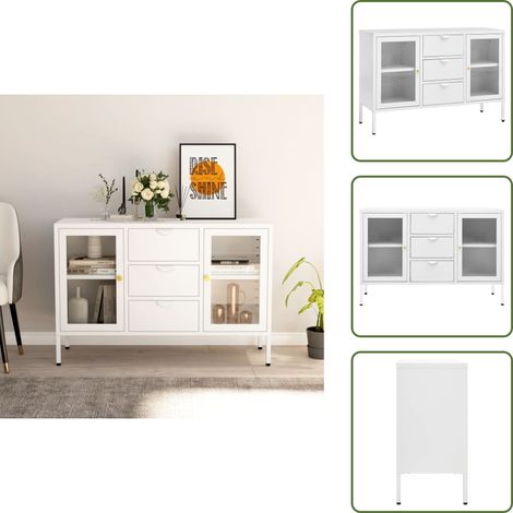 Buffet Blanc 105x35x70 cm Acier et verre trempé - Buffet Blanc - Meuble De Rangement - Buffet Moderne - Buffet Industriel - Buffet Cuisine (1/5)