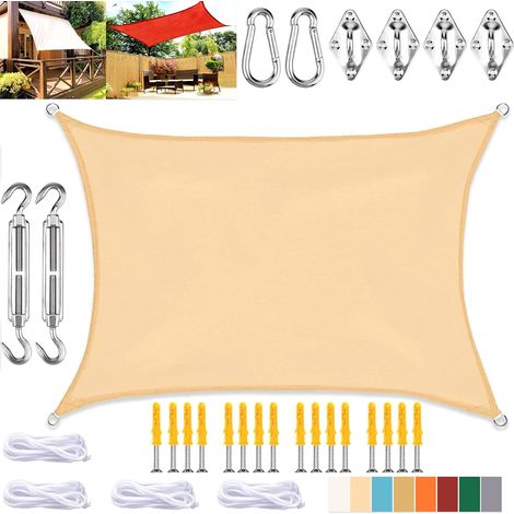 Voile d'ombrage rectangulaire, toile imperméable avec protection UV et kit de fixation, pour terrasse et jardin extérieur, beige, 2 x 4 m (1/5)