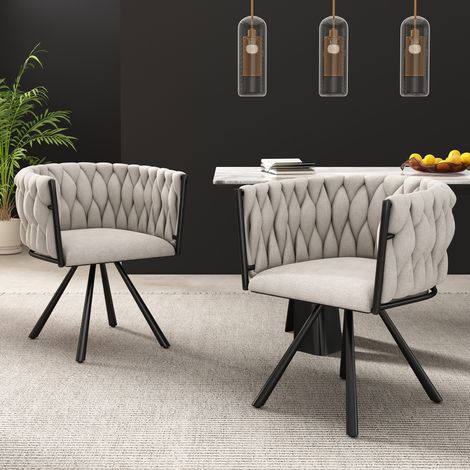 Lot de 2 chaises de salle à manger lin beige, chaise de salon, chaise pivotante avec pieds en métal noir
