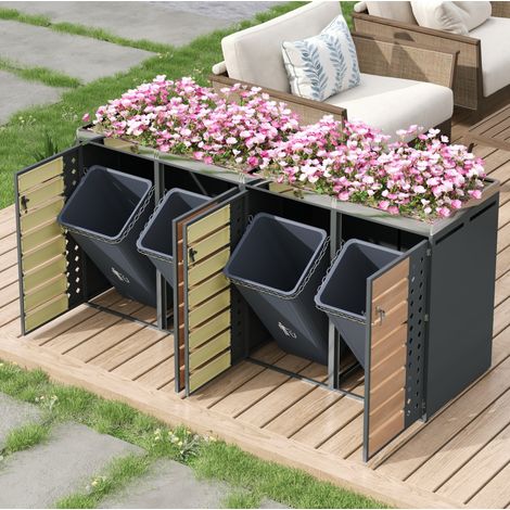 Armario para cubos de basura de 4 compartimentos con jardinera 132 x 80 x 124,5 cm DESVIAE (1/5)