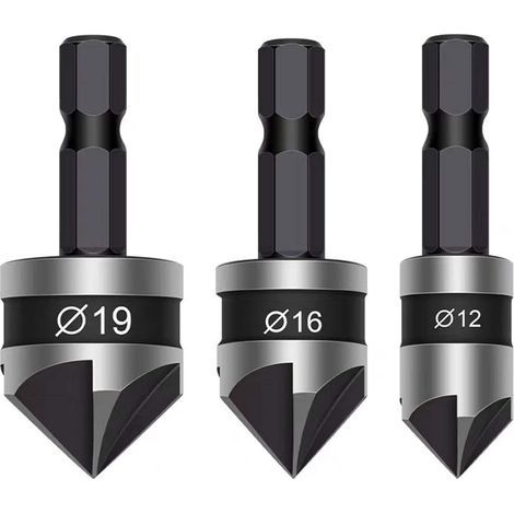 Lot de 3 forets coniques à tige hexagonale de 6,35 mm, 5 cannelures, centre à 90 degrés, 12 mm, 16 mm, 19 mm pour travail du bois, perceuse à bois, métaux doux (noir) (1/5)