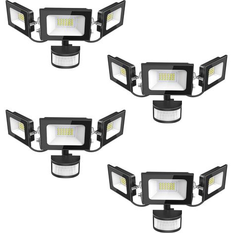 Projecteur LED Détecteur de Movement - 50W 5000LM Ultra Lumineux 3 Tête Spot LED Extérieur, IP65 Etanche Éclairage de Sécurité Extérieur PIR pour Cour Porche Jardin Garage, 4 Pack (1/5)