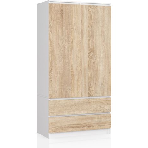Akord – Armoire enfant blanche 90 cm – 2 portes, 2 tiroirs – Façade chêne sonoma, 4 étagères – Panneau stratifié, 180 cm de haut, 51 cm de profondeur