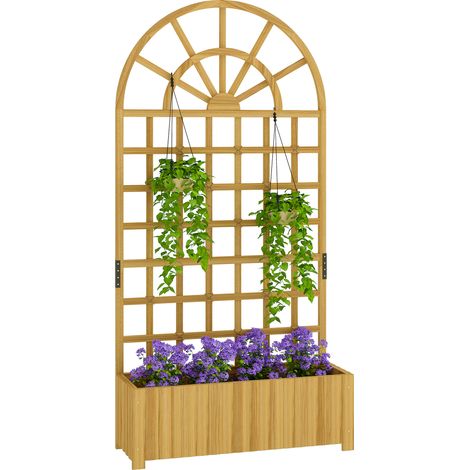 Pflanzkasten auf Beinen mit Rankgitter, Massivholz-Blumenkasten, Abflusslöcher, natürliche Holzoptik, 90x30x180 cm, für Kletterpflanzen, für den Außenbereich.