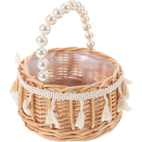 Panier à Fleurs Portatif en Osier Marron, Panier de Demoiselle D'honneur avec Anse, Tressé Main, Perles Simulées, Léger, pour Compositions et Cueillette de Fleurs (1/5)
