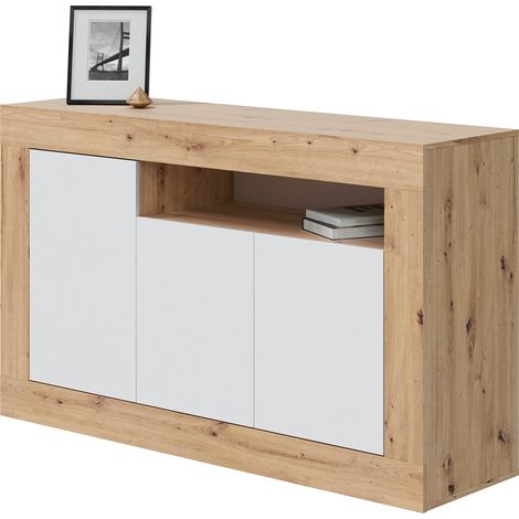 Buffet meuble de rangement en panneau de particules mélaminé coloris blanc mat et chêne - Hauteur 87 x Longueur 144 cm x Profondeur 42 cm - PEGANE- (1/5)