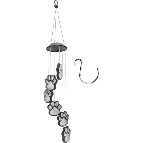 Chimes solaires pattes de chien pour décoration extérieure jardin, patio, toit, salon, chambre. Lot de carillons éoliens lumineux en métal, motif empreinte canine. (1/5)