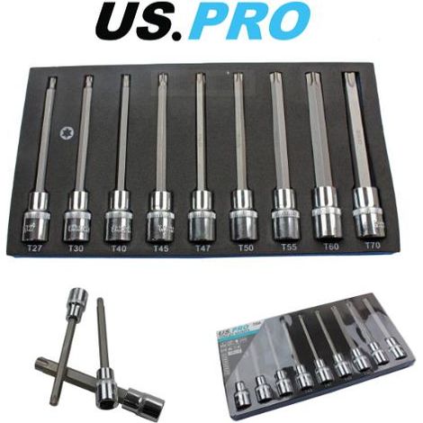 US PRO Tools 1/2" Dr 9Pc Long Torx Star Bit Sockets Set T27 - T70 Inc T47 3304 (1/4)