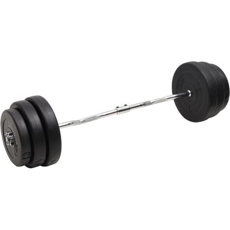 Une barre d'haltères ondulée avec des disques de poids de 90 kg.