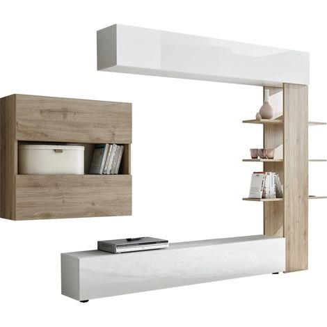 Parete Attrezzata Mobili Soggiorno Mobile TV Libreria 2 Pensili TFT Akira 1 Bianco e Rovere (1/5)