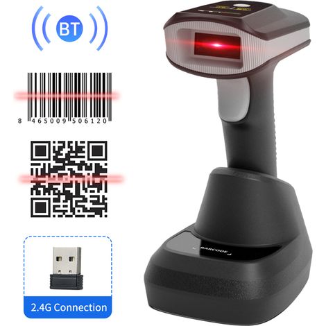 Lecteur de code-barres sans fil BT 2.4GHz avec base de charge et écran, vibration, 1D 2D QR, pour Windows Android Linux, magasin libre-service entrepôt bibliothèque logistique (1/5)