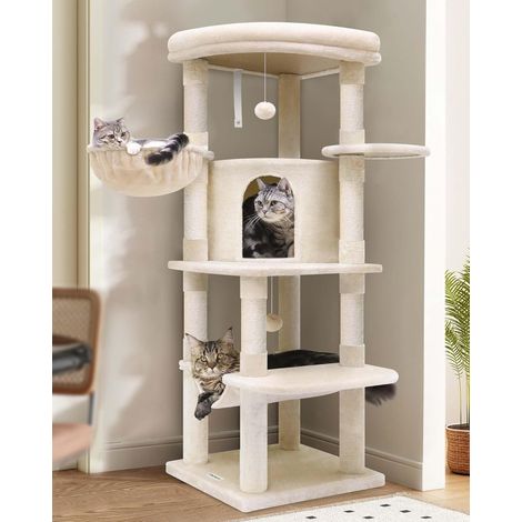 Arbre a Chat avec Grandes Plateforme en éventail Niches Doux Hamac Panier, Arbres à Chat Hauteur 130 cm Solide 90° Serré Coin pour 3-4 Gros Chats Repos Jeu (C51, Beige) (1/5)