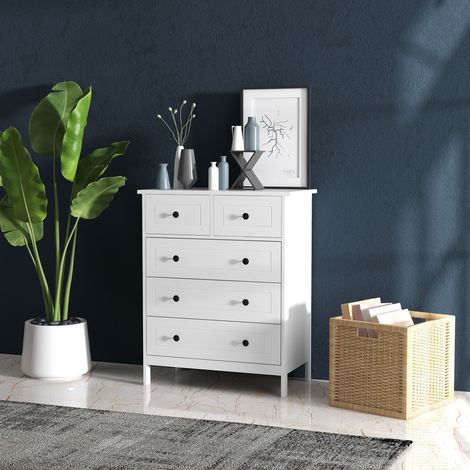 Cómoda de 5 cajones para dormitorio, oficina o recibidor, blanca con tiradores de metal negro.