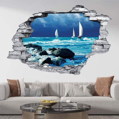Stickers Trompe l'oeil trou dans le mur - Mer - 30 x 45 cm - Pierres grises (1/5)