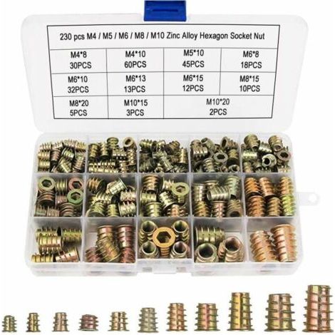 230-piece set of hex nuts M4, M5, M6, M8, M10 with threaded inserts, zinc alloy hex nuts for wooden furniture--DTEKGAZ