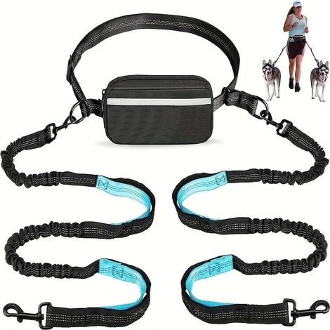 Laisse réglable mains libres pour chien, double poignée, corde élastique rétractable, clips métalliques robustes, noir bleu sarcelle, laisse durable pour chiens de taille moyenne et grande pour la (1/5)