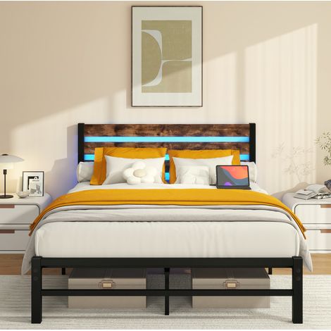 Lit métal et MDF brun antique 120x200 cm avec LED RGB et rangement sous lit (1/5)