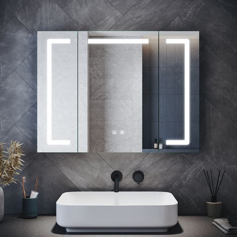 SONNI Badspiegel Spiegelschrank mit LED Beleuchtung 3 Einstellbare Lichtfarben und Anti-Beschlag, Dreitüriges Design 800x600mm (1/5)