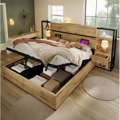 Lit coffre 160x200 avec matelas et tête de lit USB OKMYHOME (1/5)