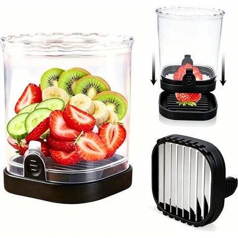 Coupe-fruits à 8 lames en acier inoxydable 304, coupe-fraises rapide, tranches uniformes de 6 mm, pour fruits et légumes, noir (1/5)