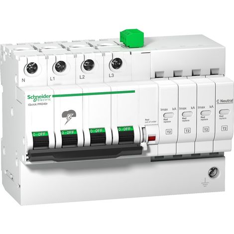 Schneider Electric – Parafoudre Acti9 iQuick PRD8r 3P+N – Protection jusqu'à 8 kA – Tension 230/400V – Disjoncteur intégré – A9L16300