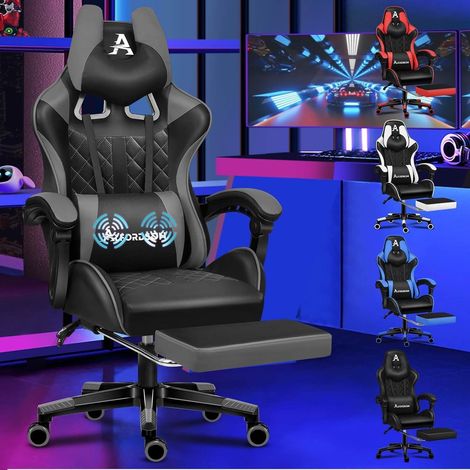 Gaming-Stuhl mit Fußstütze Lendenwirbelkissen 150° Neigung 180 kg Tragkraft Grau (1/5)
