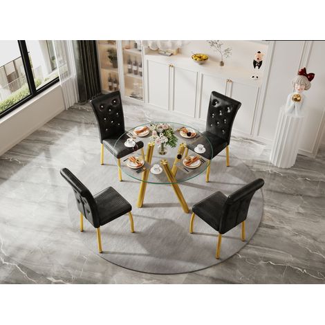 Ensemble de salle à manger 5 pièces pour 4 personnes, table ronde moderne en verre trempé avec pieds en métal doré et 4 chaises noires rembourrées, mobilier pour cuisine et salle à manger (1/5)