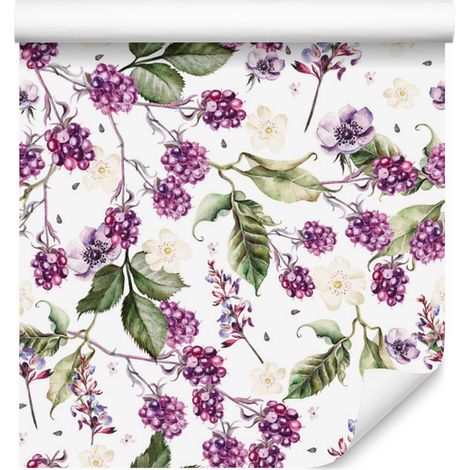 Papel pintado con estampado de frutas, hojas y flores para salón y dormitorio, 50x1000 cm. (1/5)