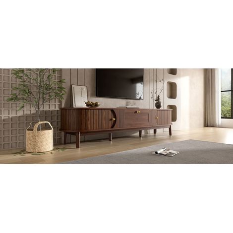 Meuble TV en bois massif avec tiroirs, angles arrondis classiques, pieds en bois robustes, rangement pour salon, meuble téléviseur spacieux. (1/5)