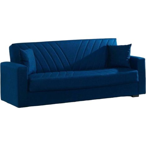 Dmora - Divano letto 3 posti Adda, Divano contenitore lineare con 2 cuscini, Sofà da soggiorno in tessuto con apertura click-clack, 214x81xh89 cm, Blu (1/4)