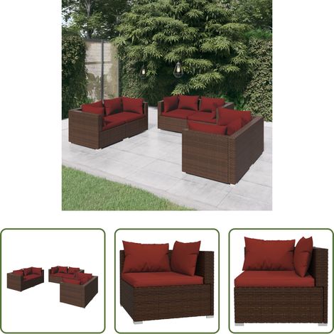 6-tlg. Garten-Lounge-Set mit Auflagen Poly Rattan Braun (1/5)