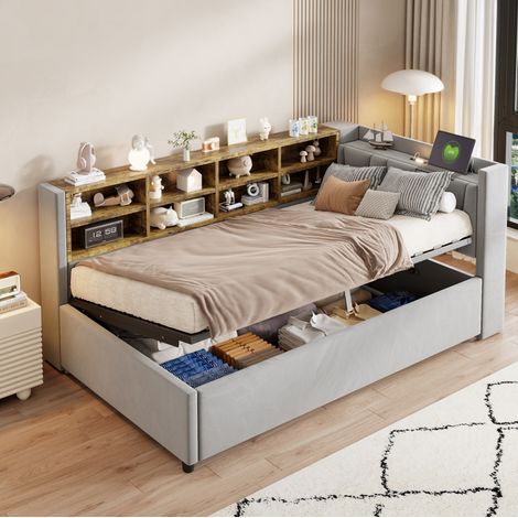 Cama dormitorio con almacenaje USB LED terciopelo OKMYHOME (1/5)