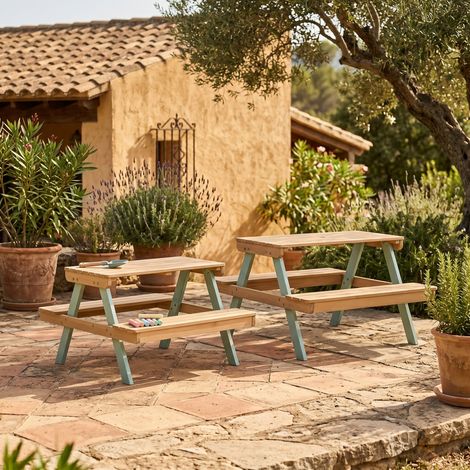 Table de pique-nique en bois d'acacia pour enfant. salon de jardin 4 places vert de gris et teck - Caroline