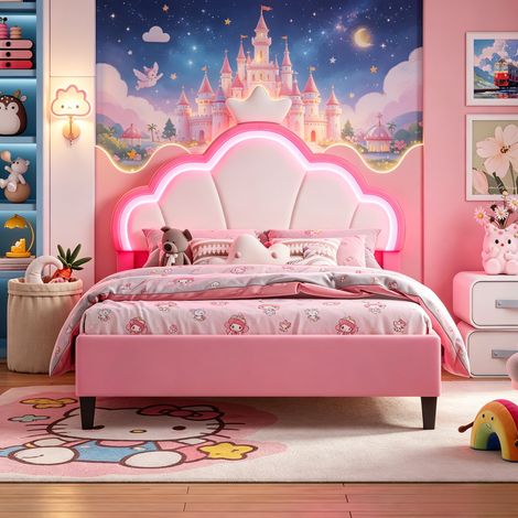 JOOKGBD–Lit enfant 140x190 cm,lit double,lit princesse,lit rembourré,tête de lit couronne,LED réglable,tête réglable,sommier lattes,velours,rose