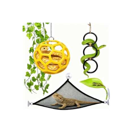 Kit décoration terrarium reptiles et serpents – anneaux d’escalade, hamac en filet, boule de grimpe, feuilles artificielles, cachette et aire de jeu, Balle Jaune et Feuille de Lierre (1/5)