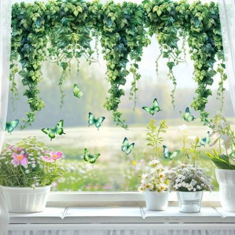 Adesivi per finestre con foglie di piante verdi, 22x15 pollici, adesivi per finestre con foglie di piante verdi, riutilizzabili, decorazioni Vinyour, adesivi per casa, feste e matrimoni (1/3)