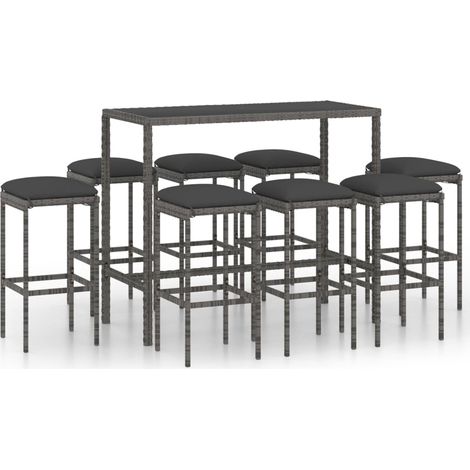 Set da bar da giardino 9 pezzi e cuscini in resina intrecciata grigia 020013447