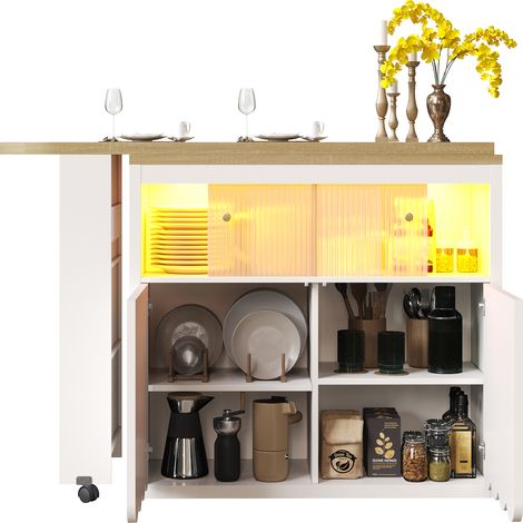 ELVMI Tavolo bar allungabile con vano contenitore, LED e ruote con freno, per cucina e soggiorno, in MDF e vetro, 135-205 x 39 x 100 cm, Bianco (1/5)