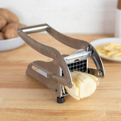 Trancheuse à pommes de terre à double lame qui coupe en lanières et en fines tranches - en acier inoxydable avec ventouse antidérapante. (1/5)
