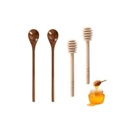 Lot de 4 Cuillère à Miel 20cm Long Manche, 15 cm cuillère à Miel en Bois avec Spirale, Bâtonnets en Bois Naturel pour Pots Profonds, Confiture et Sirop, Spirale de Miel, Honey (1/5)