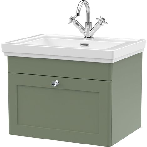 Balterley Swynnerton Traditional Bathroom Wall Hung 1-Drawer Vanity Unit & Fireclay Basin, Satin Green, 600mm (1/5)