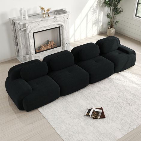 Canapé modulable 4 places velours doux, assise sans cadre, mousse haute résilience 32D, adapté aux animaux, design ergonomique, livré sous vide, sans montage pour chambre et bureau, Noir