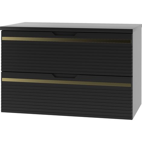 Meuble sous vasque suspendu avec plan VESPER noir 80 cm - bande décorative dorée