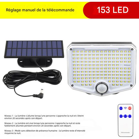 lampe solaire murale exterieure detecteur de mouvement 153 led avec telecommande etanche pour jardin garage maison (1/3)