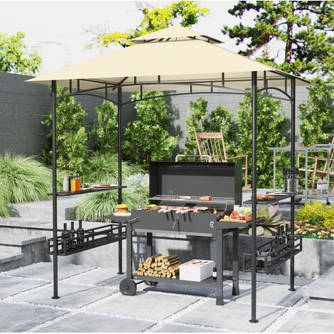 Grillpavillon mit Doppeldach 240x150x257 cm Stahl Beige OKMYHOME (1/5)