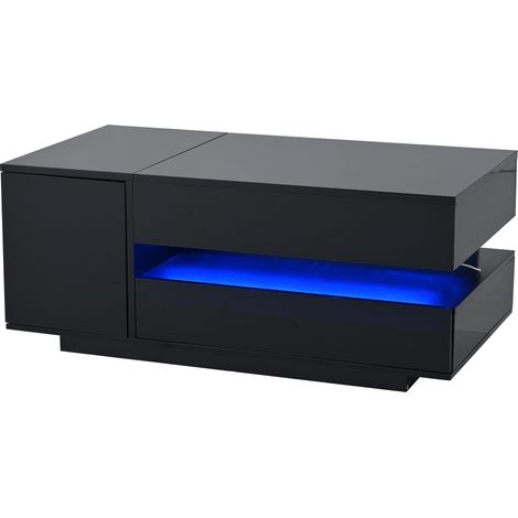 Mesa de centro elevable 95 x 50 x 40 cm con LED, 1 cajón y 1 armario, tablero negro brillante (1/5)