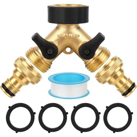 Distributeur en Y à 2 Voies, Raccord de Tuyau d'arrosage en Laiton de 3/4", Robinet Double Machine a Laver, Séparateur de Tuyau avec robinets d'arrêt séparés pour Machine à Laver, Jardin (1/5)