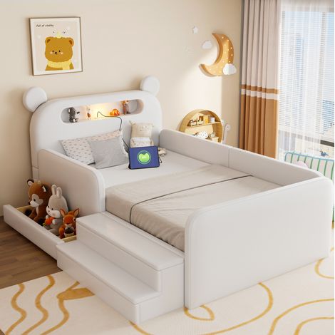 Cama infantil tapizada (214.5x134.5x98.5 cm), cabecero con forma de oso, luz nocturna y USB, almacenaje, polipiel blanca (1/5)